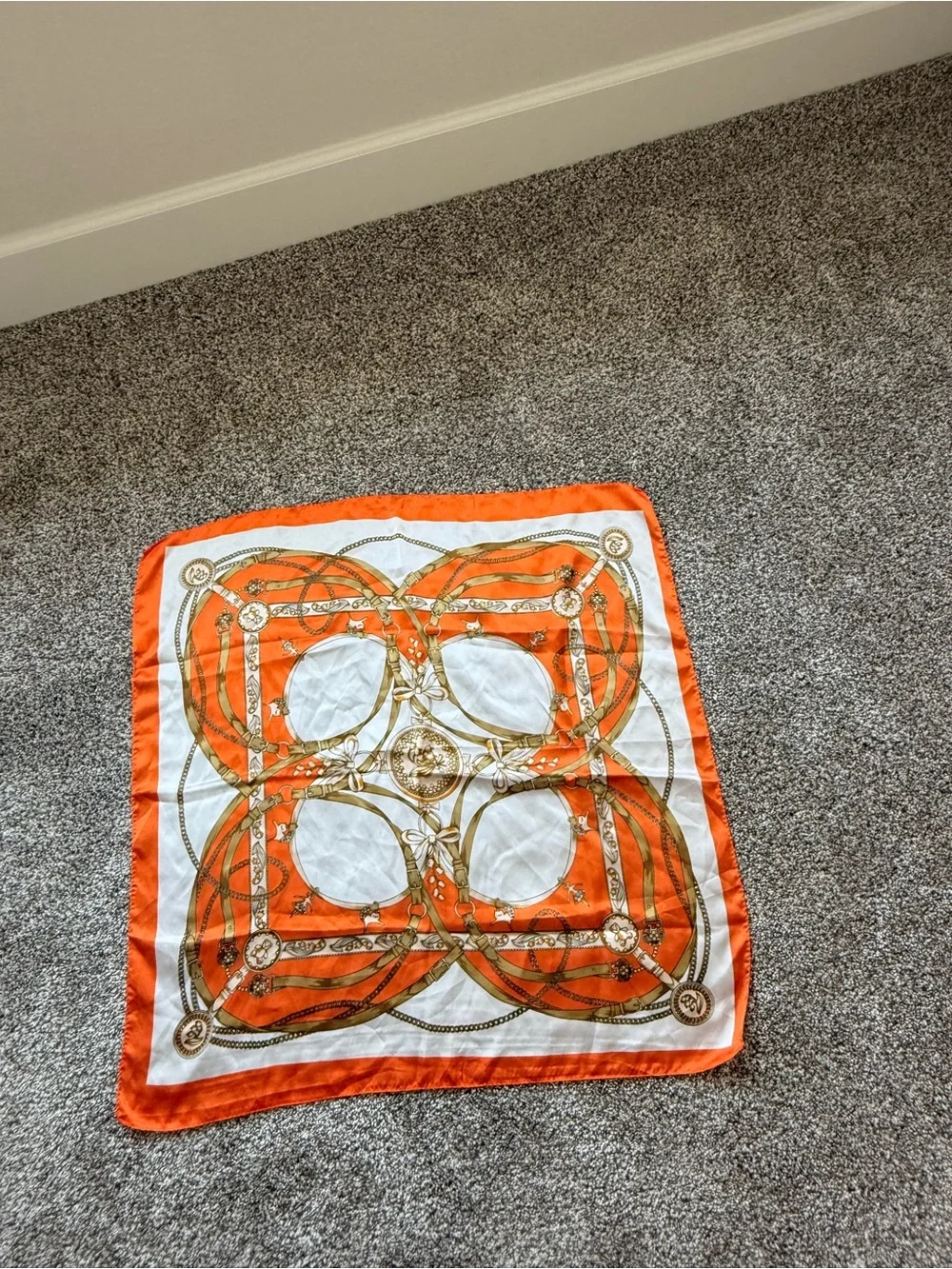 Silky Orange and White Printed Square Scarf - Elegant Chain Motif